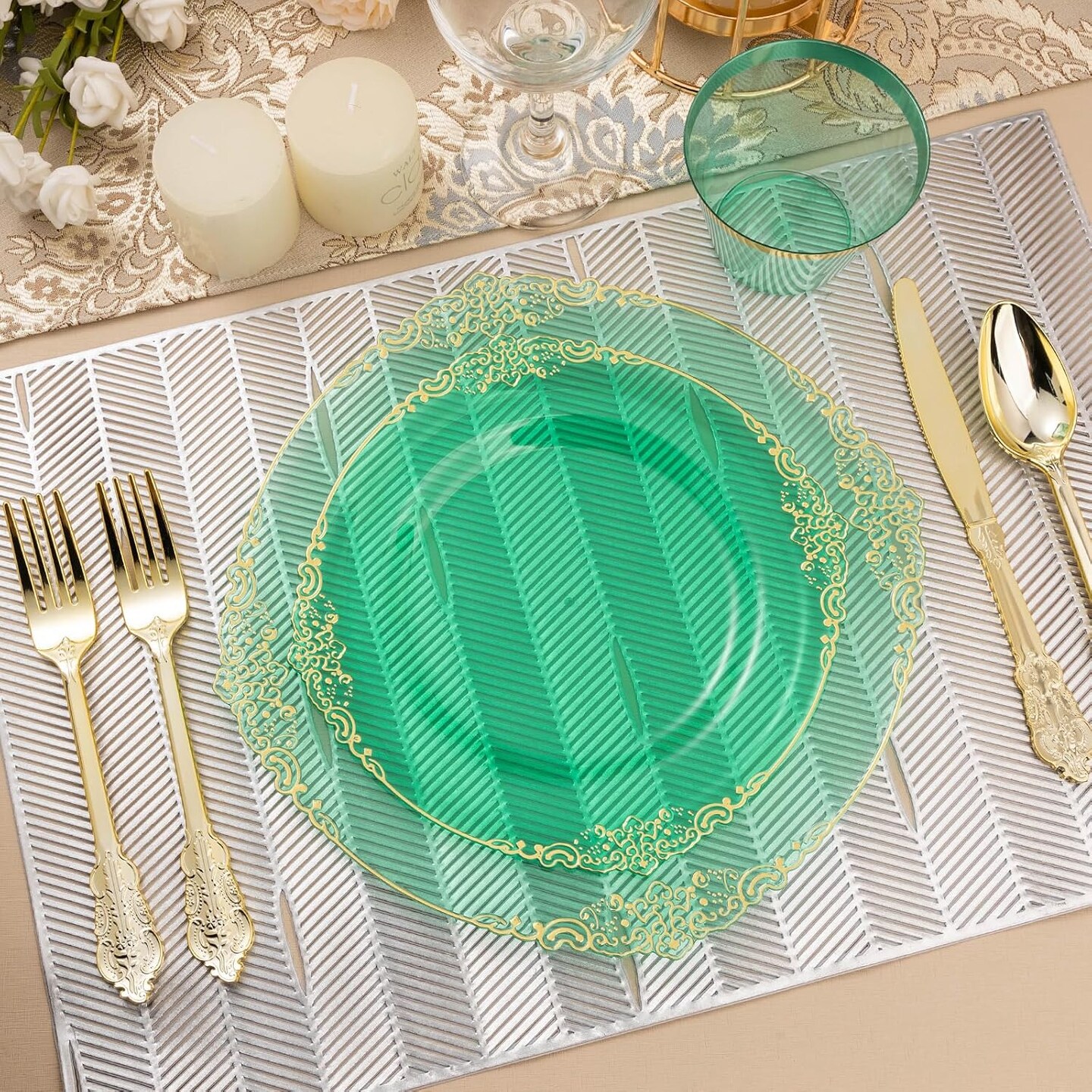 350PCS Green & Gold Disposable Dinnerware Set – Plates, Cutlery, Cups & Napkins for 50 Guests
