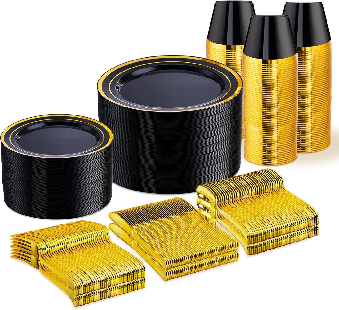 Black & Gold Disposable Dinnerware Set – 25, 50, 75, 100 Guest Options, Elegant Plastic Plates, Cutlery & Cups for Wedding & Party