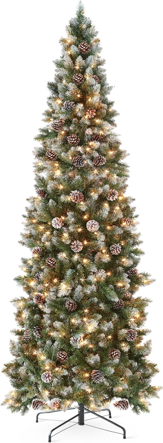 Pencil Christmas Tree Slim Frosted Tree with 250 Lights &#x26; Foldable Stand for Space Saving Holiday Decor