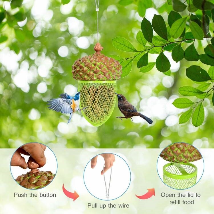 Green-Brown Resin and Iron Mesh Acorn Bird Feeder with Locking Lid and Hanging Wire