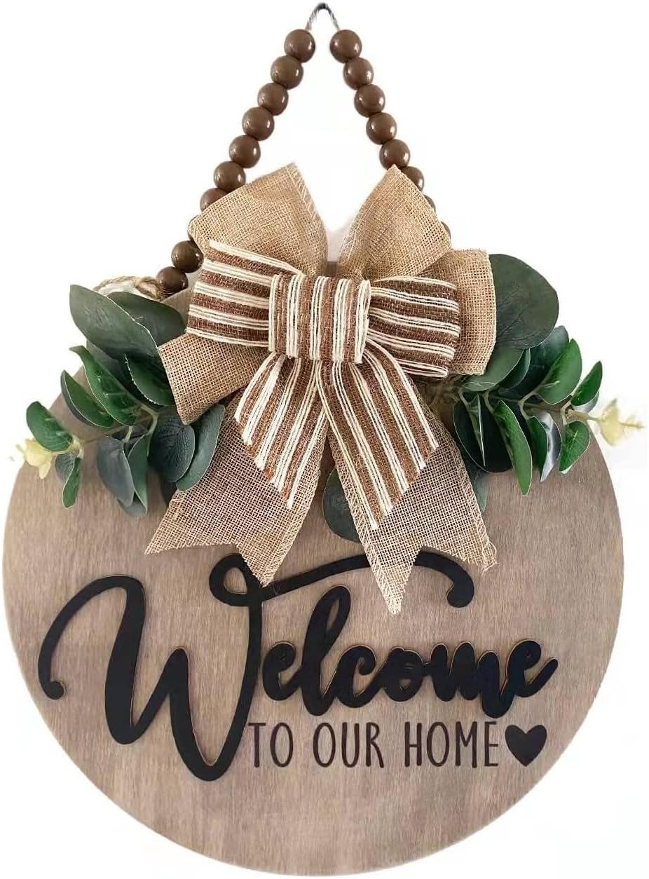 3D Welcome Sign for Front Door | Home/Farmhouse Porch D&#xE9;cor Wooden Hanging Sign with Artificial Leaves and Rustic Beads | Christmas Classroom |12&#x22; Round