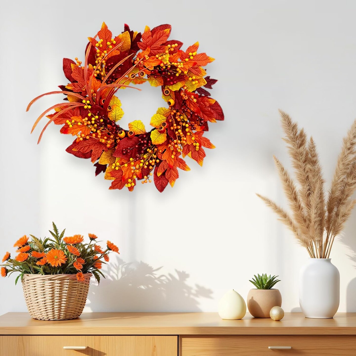 Fall Wreaths for Front Door, Autumn Wreath with Maple Leaves