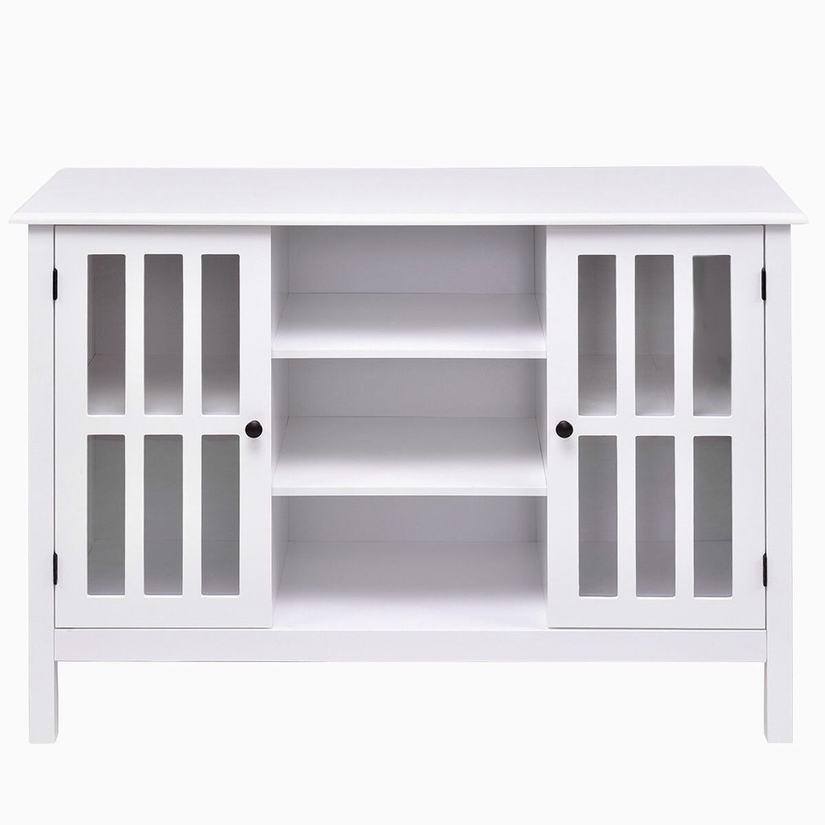 Modern White Sofa Table Cabinet with Glass Panel Doors and Storage Shelves for Living Room