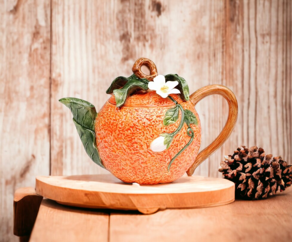 Hand Painted Ceramic Orange Teapot, Gift for Her, Gift for Mom, Tea Party Décor, Café Décor, Farmhouse Kitchen Décor