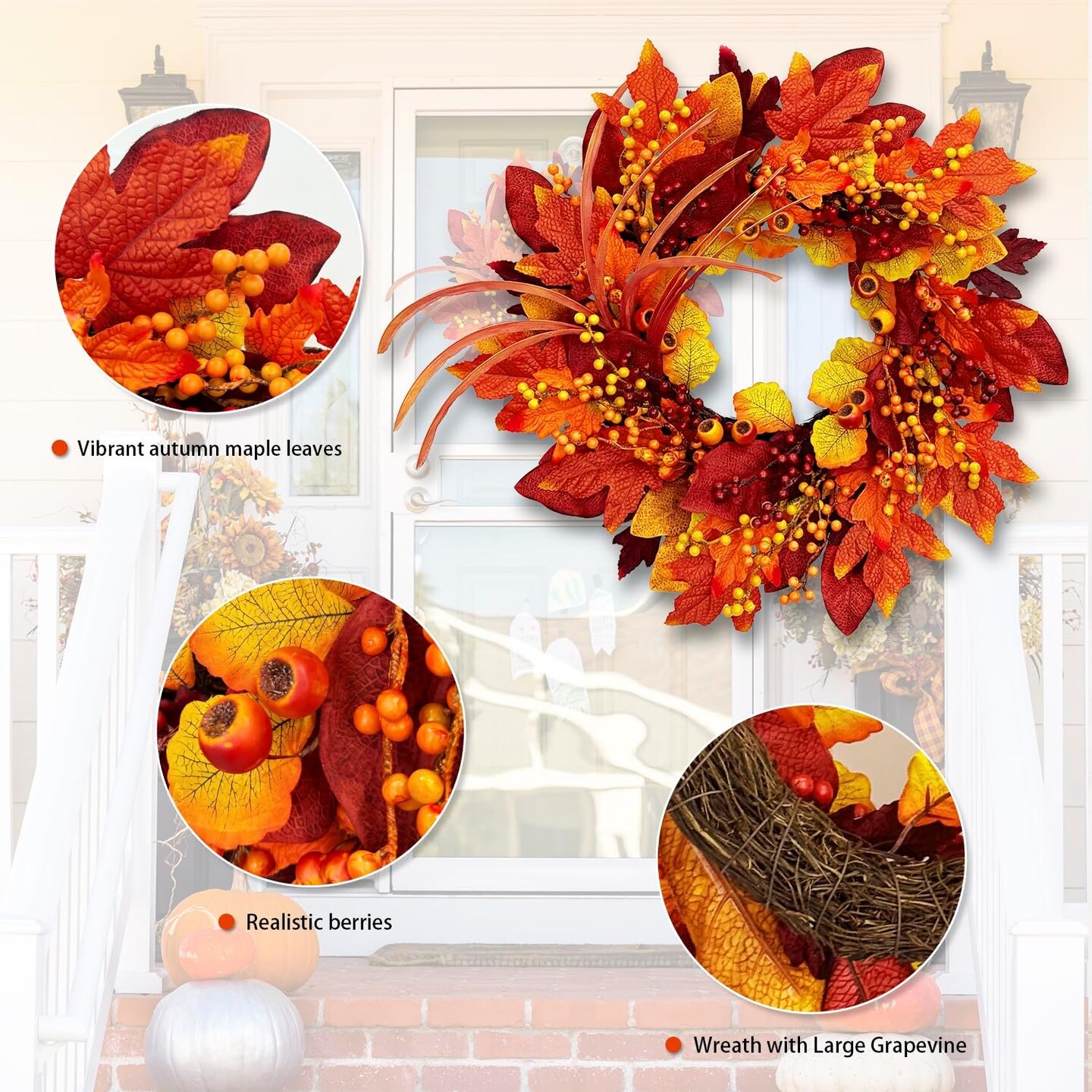 Fall Wreaths for Front Door, Autumn Wreath with Maple Leaves