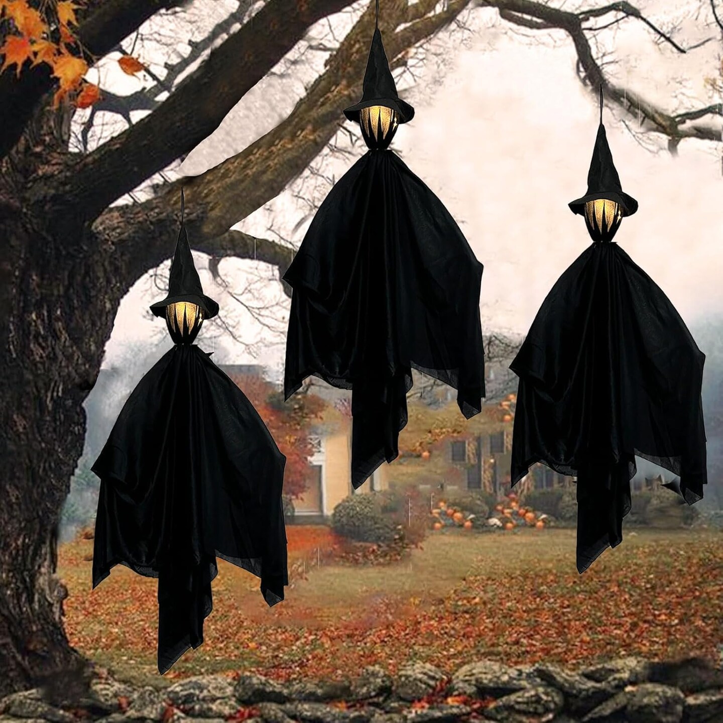 Hanging Witch Decorations with LED Light - 3pcs