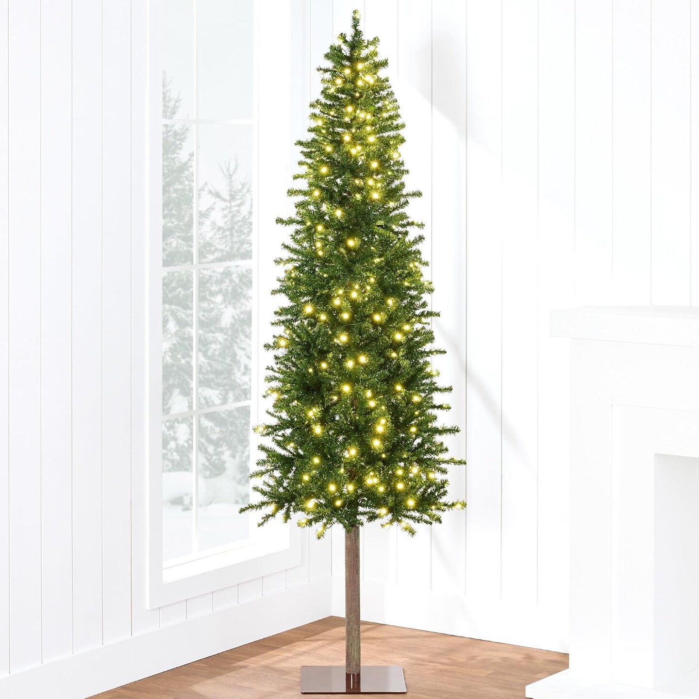 Pre Lit Pencil Christmas Tree Slim Alpine Design with LED Lights, Hinged Branches &#x26; Metal Stand