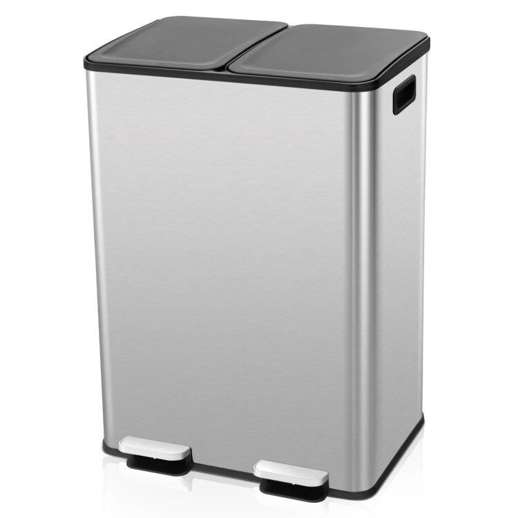 Silver Stainless Steel Dual 8-Gallon Trash Can with Step Pedal, Deodorizer and Slow Close Lid