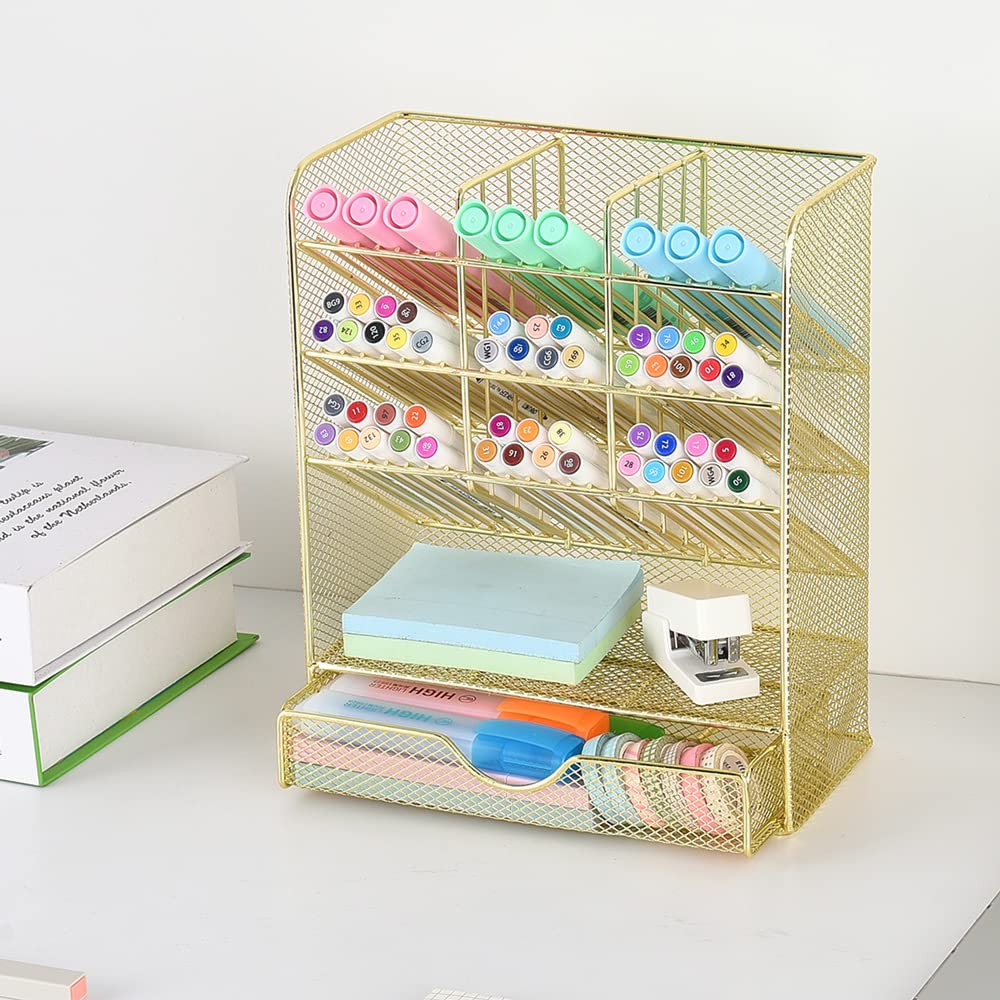 Spacrea Mesh Pen Organizer - Pencil Holder for Desk, Desk Organizer with Drawer for School, Home, Art Supplies (Gold)