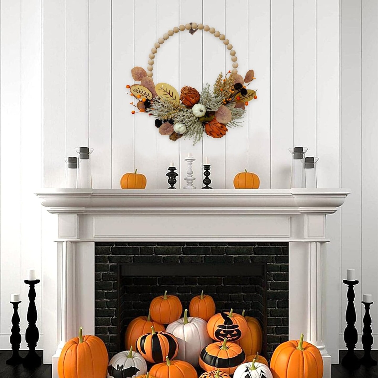 16&#x22; Fall Wood Bead Wreath - Brown