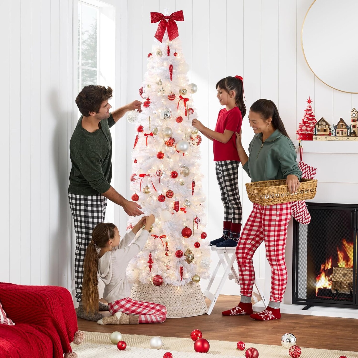 Pencil Artificial Christmas Tree with 300 2-in-1 White LED Lights & Sturdy Metal Base