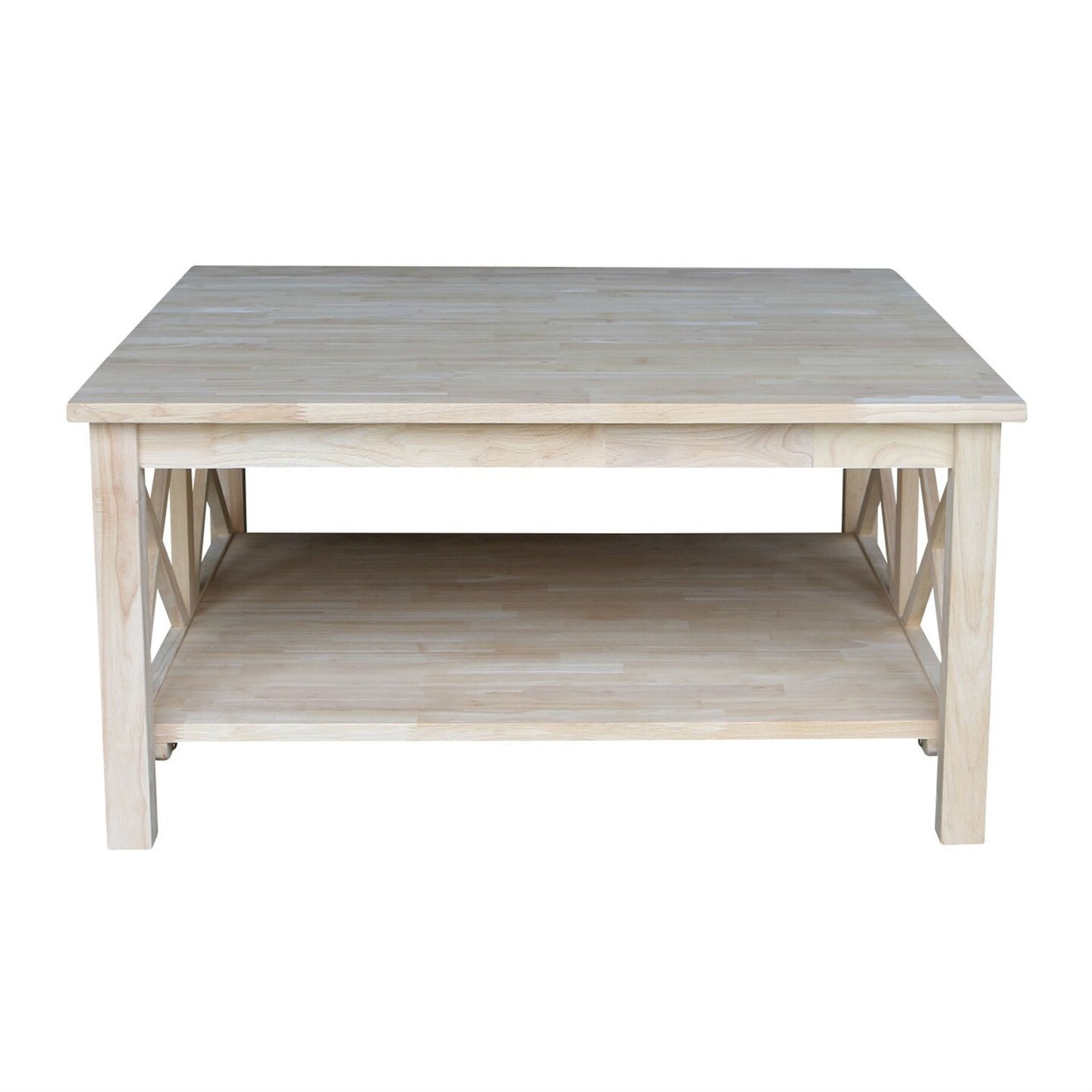 36-Inch Square Unfinished Solid Wood Coffee Table with Storage Shelf and X Frame Design