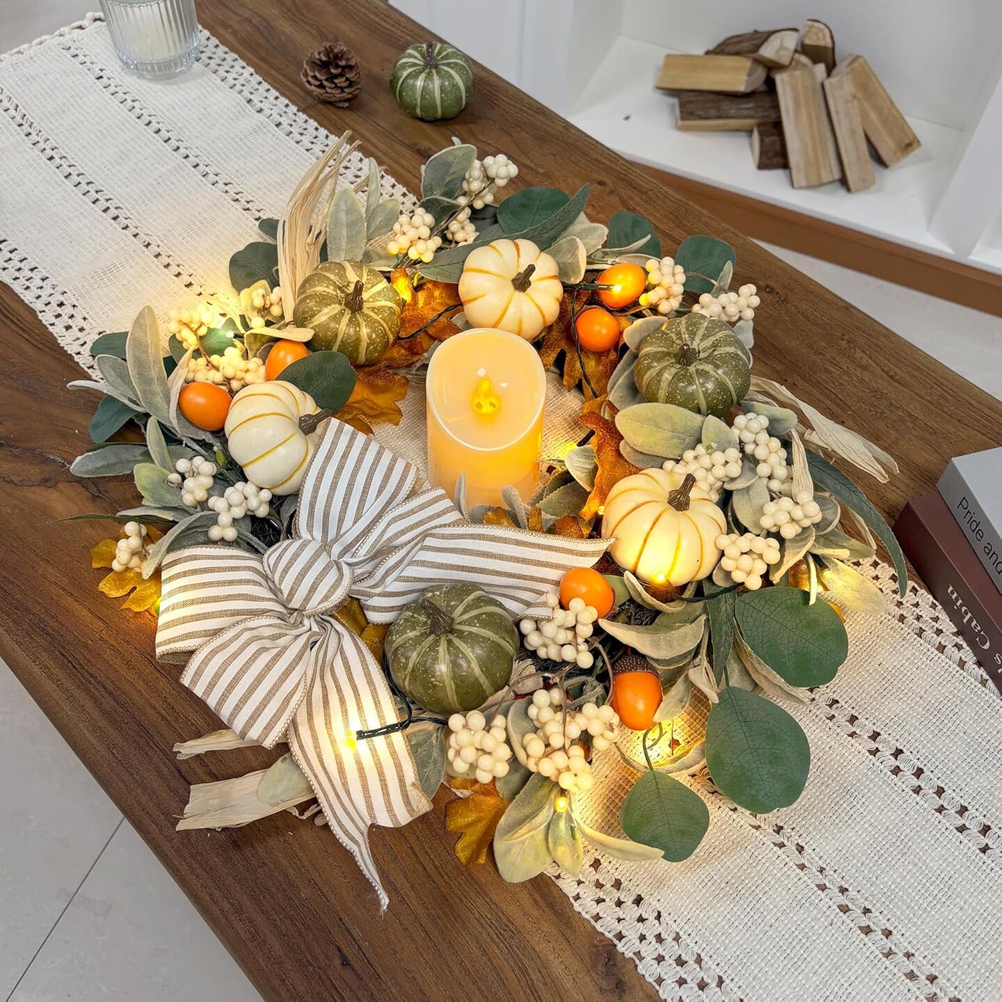 20&#x27;&#x27; Fall Wreath with Lights, Eucalyptus Pumpkins Autumn Wreaths