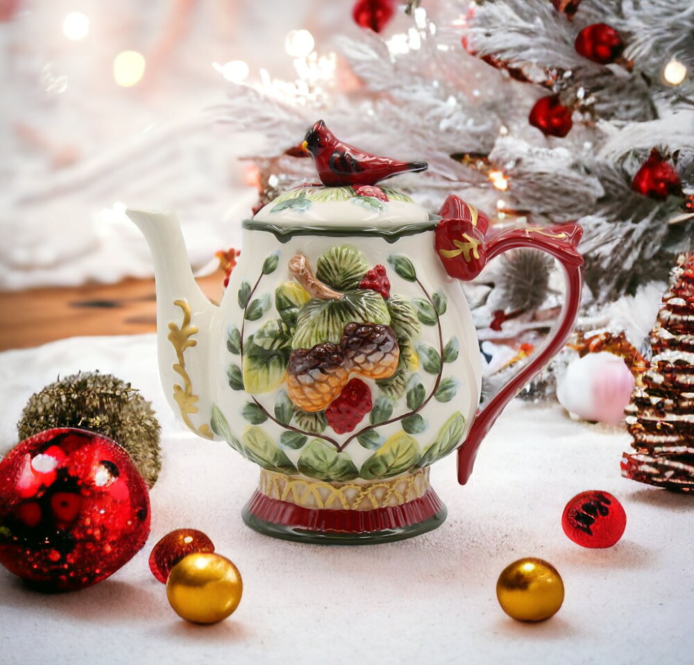 Ceramic Christmas Cardinal Bird Teapot, Gift for Her, Gift for Mom, Birdwatcher, Tea Party Décor, Café Décor, Christmas Décor