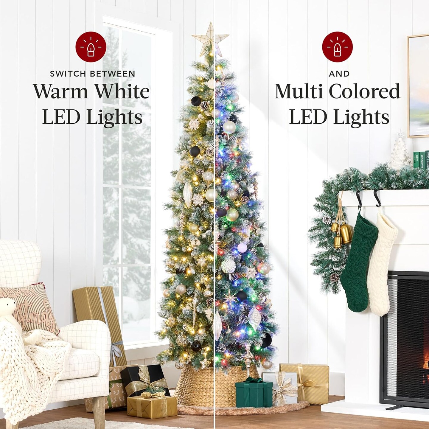 Frosted Pencil Christmas Tree Slim Pre Lit Scotch Pine with White &#x26; Multicolor LED Lights