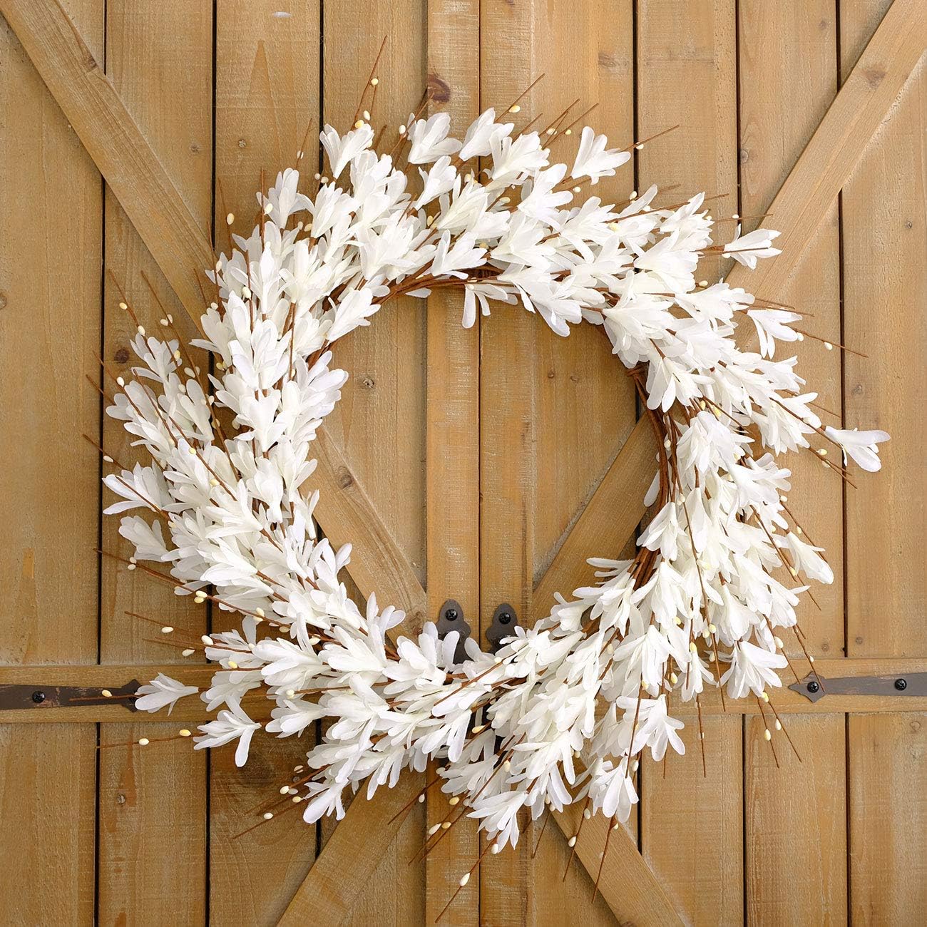 20inch Artificial Forsythia Flower Wreath Spring Summer Fall Wreath Silk Leaves Wreath for Front Door Wreath Porch Farmhouse Patio Garden Home Decor (White)