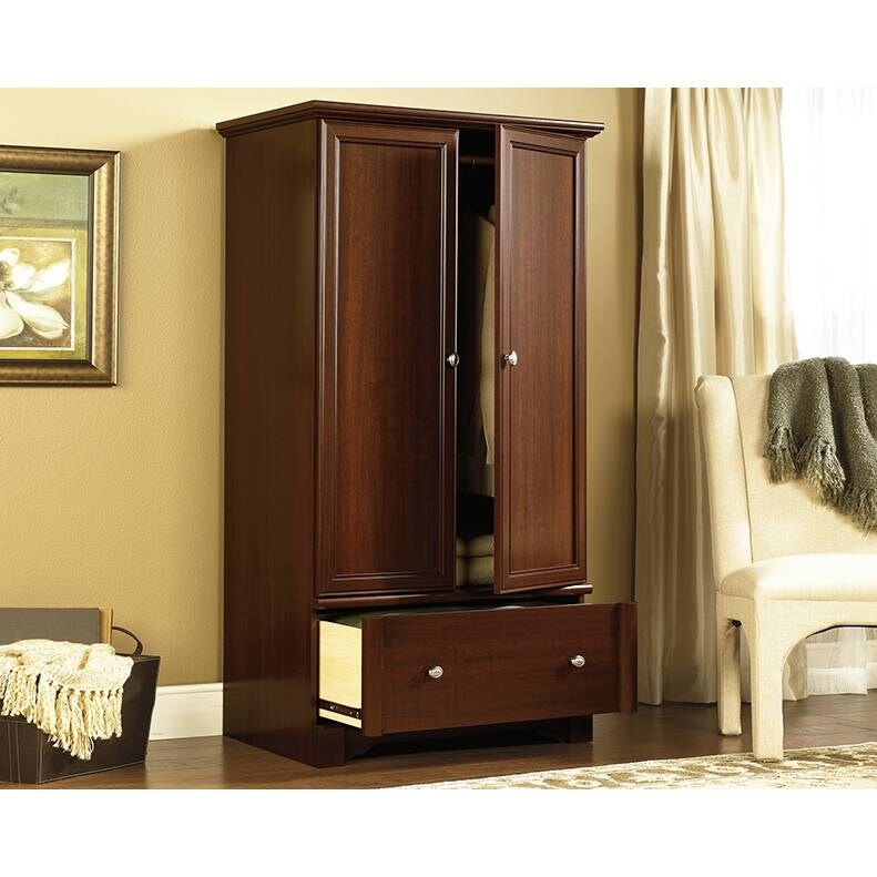 Tall Wooden Wardrobe Armoire in Rustic Cherry with Garment Rod and Drawer for Bedroom Storage