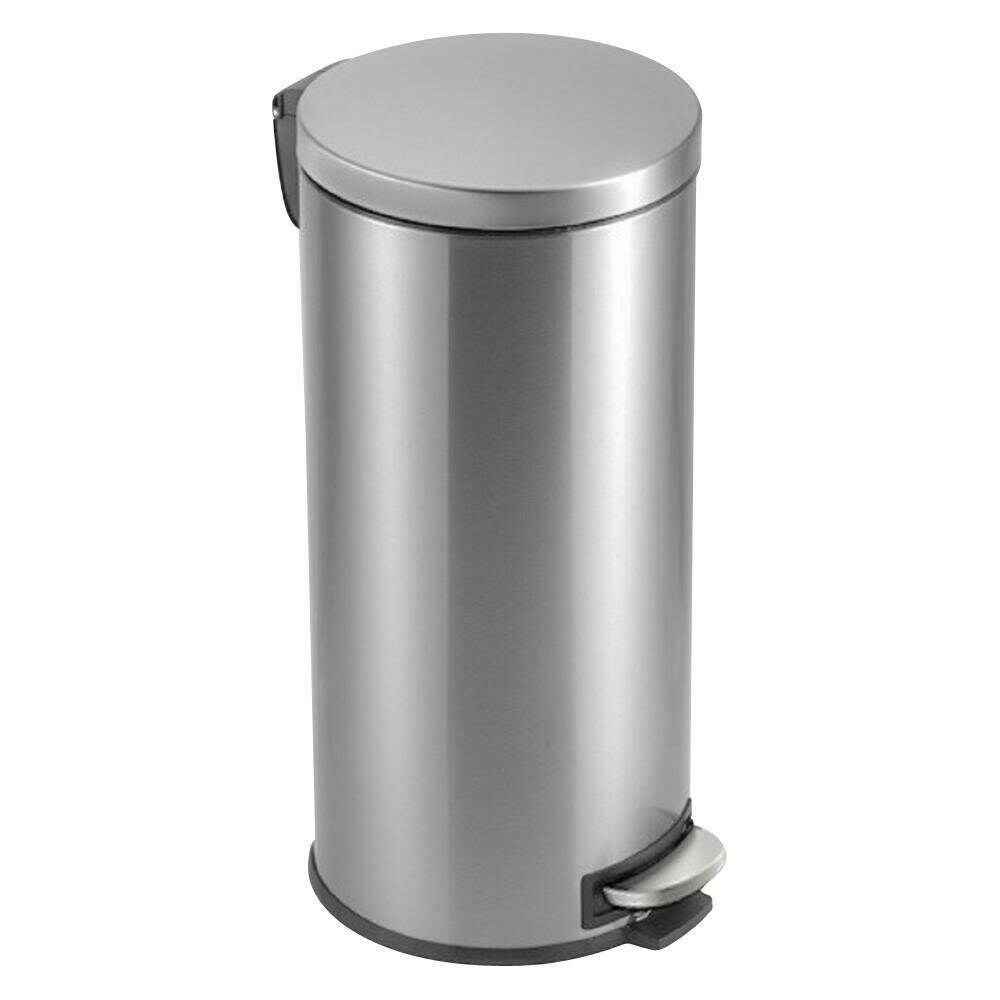 Silver Stainless Steel Round Trash Can with Step Lid and Removable Liner
