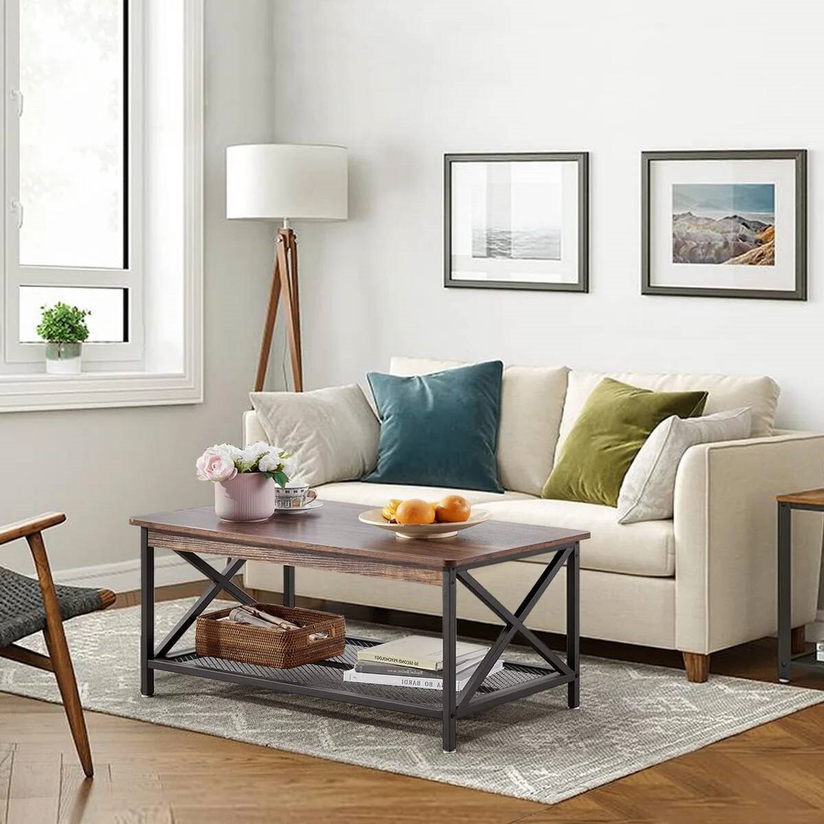 39.4" Modern Metal X Coffee Table with Brown Wood Grain Finish and 2-Tier Storage Shelf