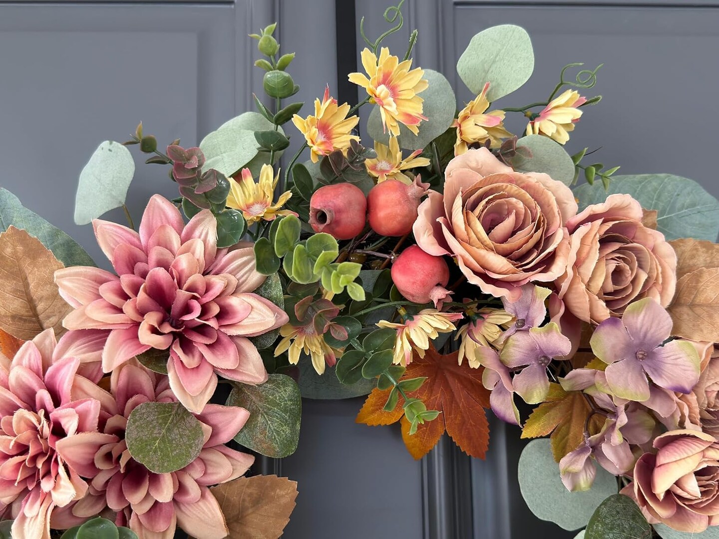 24&#x22; Fall Wreath for Front Door, Handmade with Faux Dahlia Camellia Sunflower