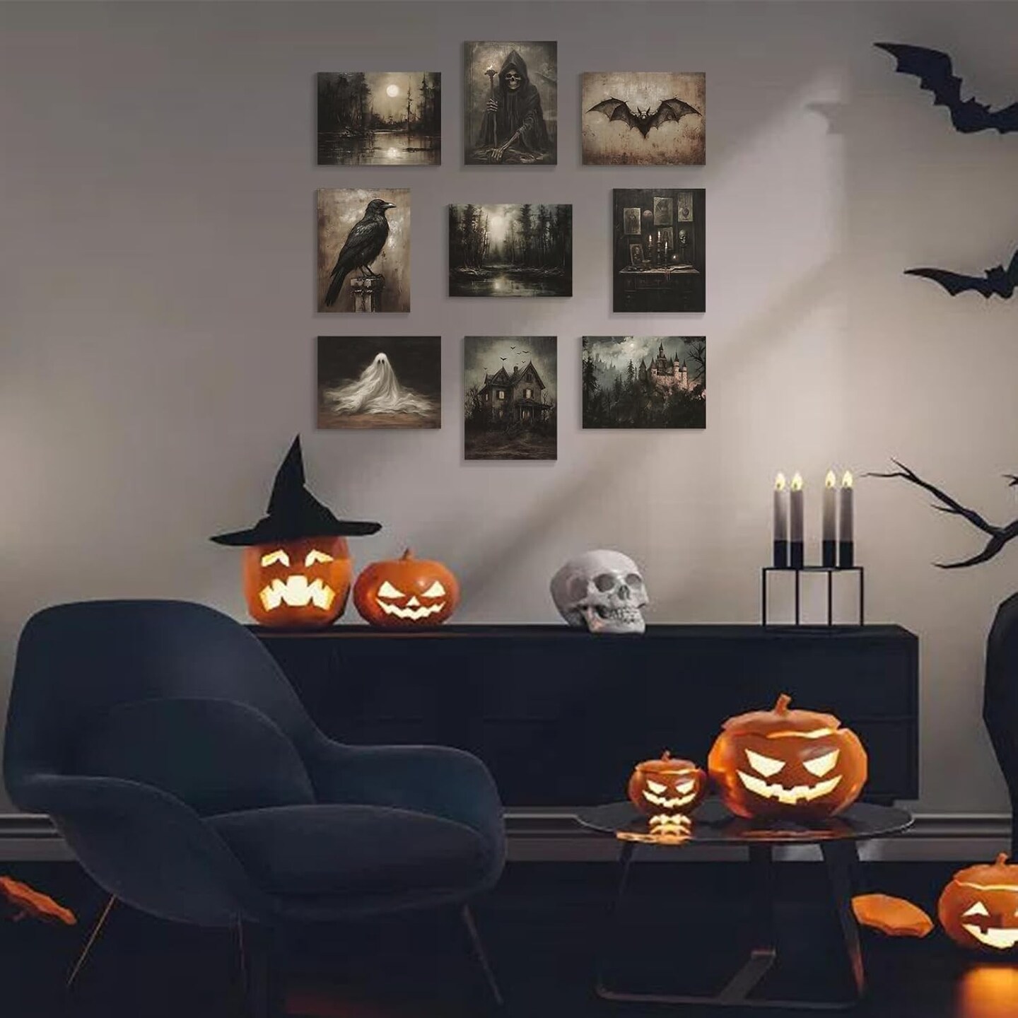 Halloween Wall Art Set – 9PCS Dark Academia Prints (8x10) Featuring Ghosts, Witches, Ravens, Bats & Haunted House Scenes, Moody Gothic Forest Décor for Home & Bedroom