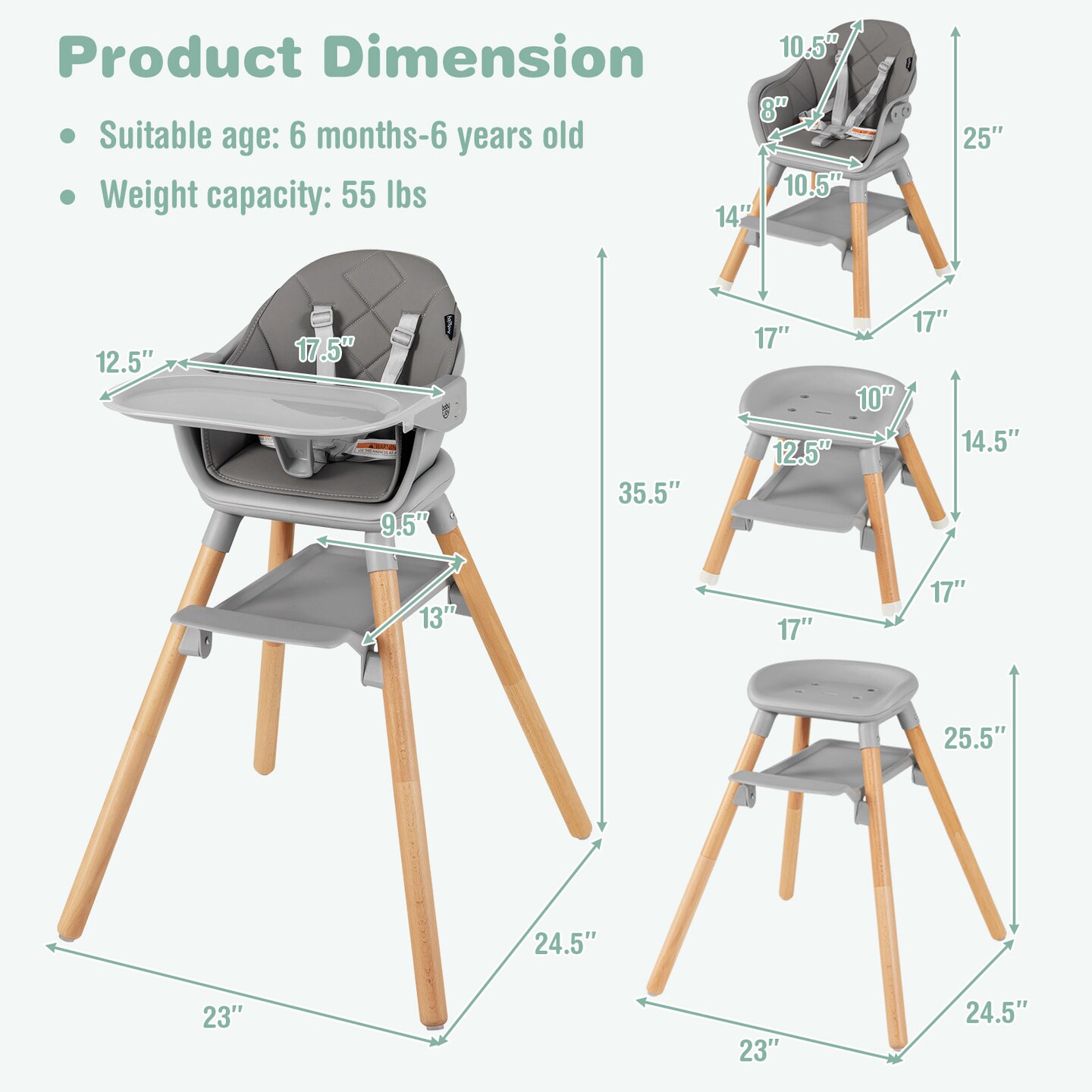 Costway 6-in-1 Convertible Wooden Baby Highchair Infant Feeding Chair with Removable Tray Black/Grey/Pink/White/Beige
