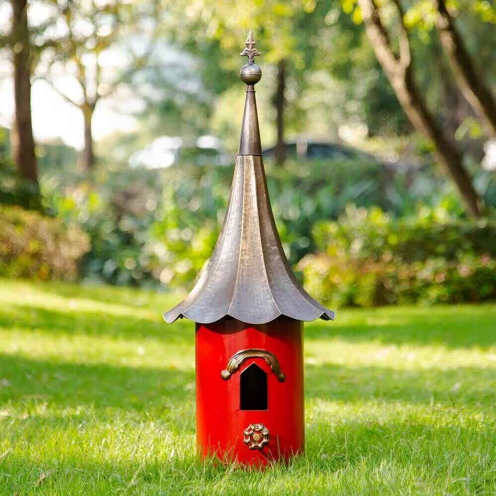 Red Metal Birdhouse with Copper Bronze Gramophone Roof, Oversized Pagoda Design