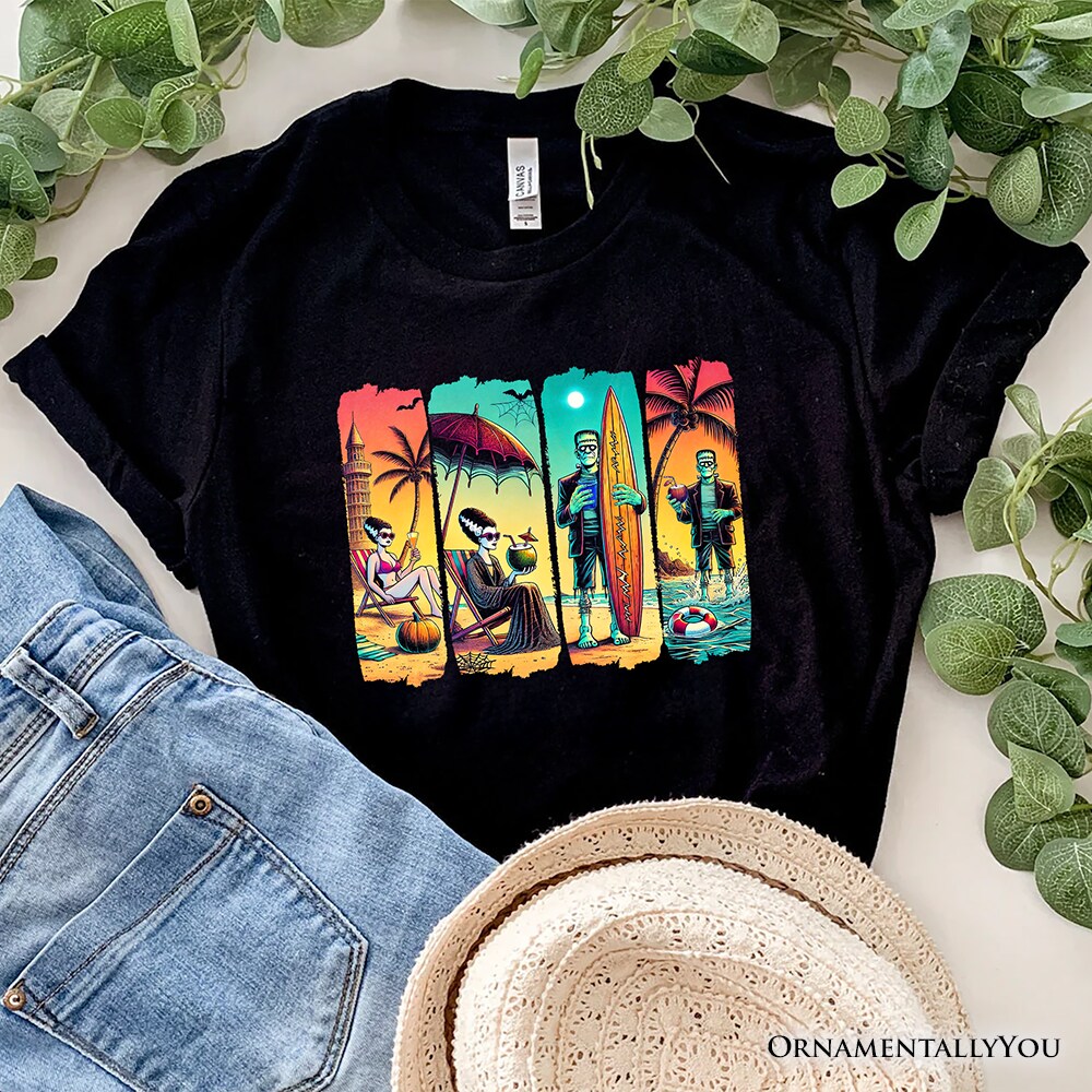 Frankenstein's Beach Vacation T-Shirt, Retro Neon Surf Style Tee for Horror Fans with Summer Vibes
