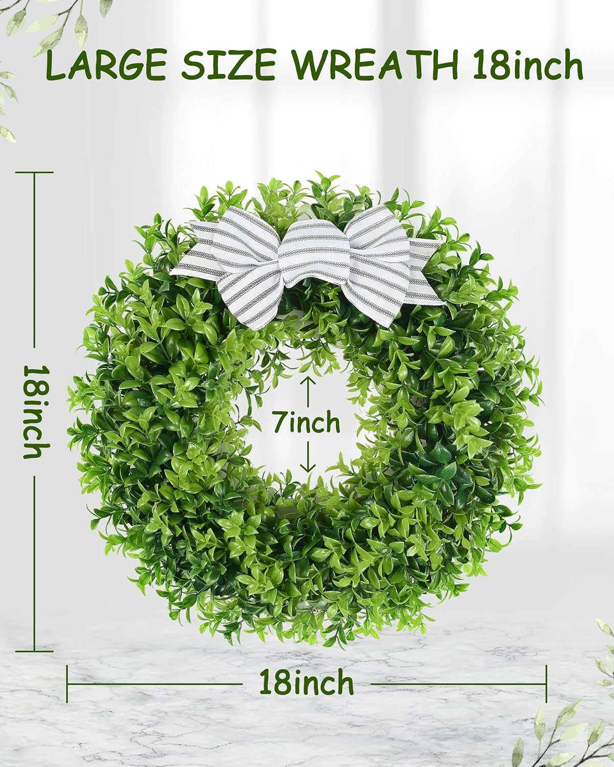 18&#x22; Faux Round Boxwood Wreath, Artificial Boxwood Wreath Front Door Wreaths Artificial Spring Summer Greenery Hanging with A Plaid Bow and sash for Front Door Wall Hanging Window Wedding Decor