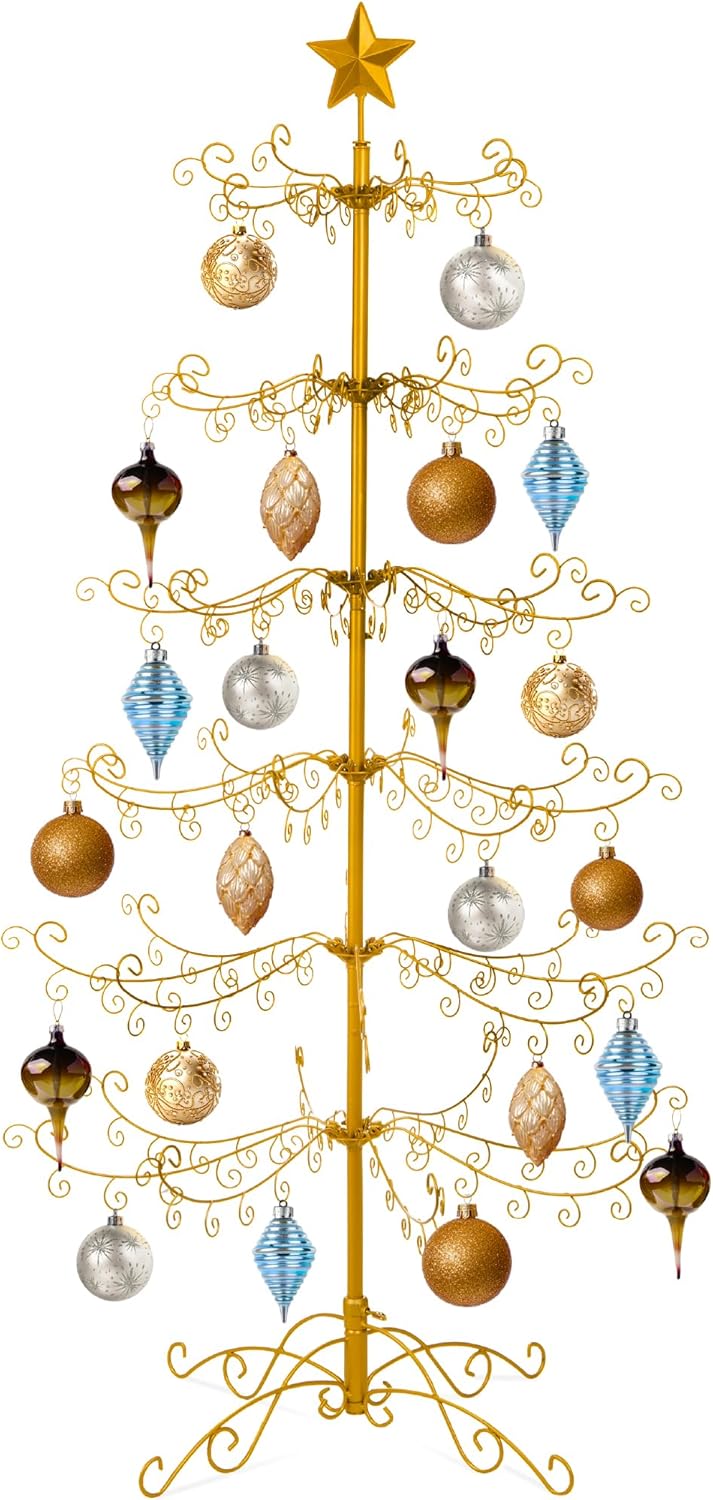 Gold Wrought Iron Ornament Display Christmas Tree Foldable Stand, & Metal Frame for Indoor Holiday Decor