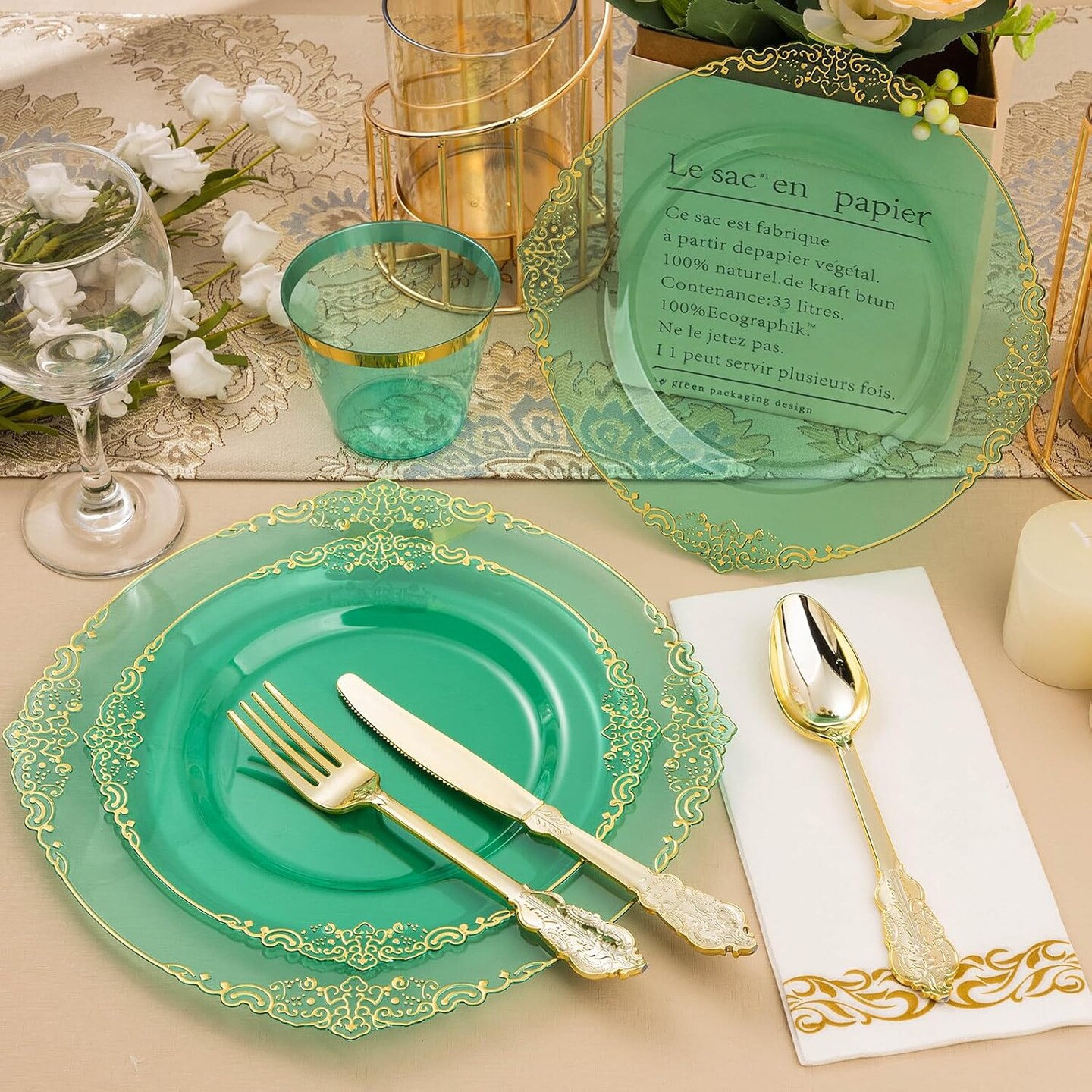 350PCS Green & Gold Disposable Dinnerware Set – Plates, Cutlery, Cups & Napkins for 50 Guests