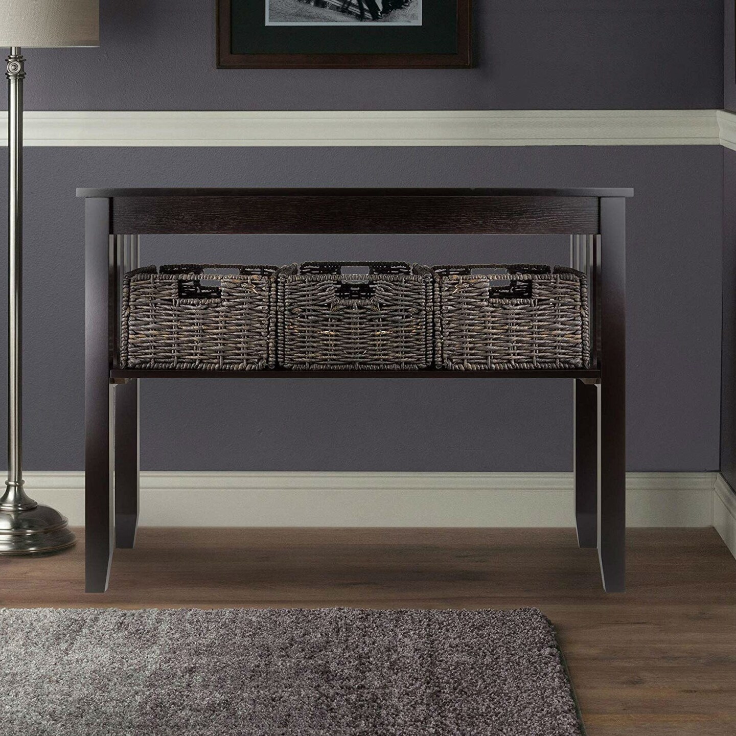 Espresso Console Table with 2-Tier Storage Shelf and 3 Baskets for Entryway or Living Room