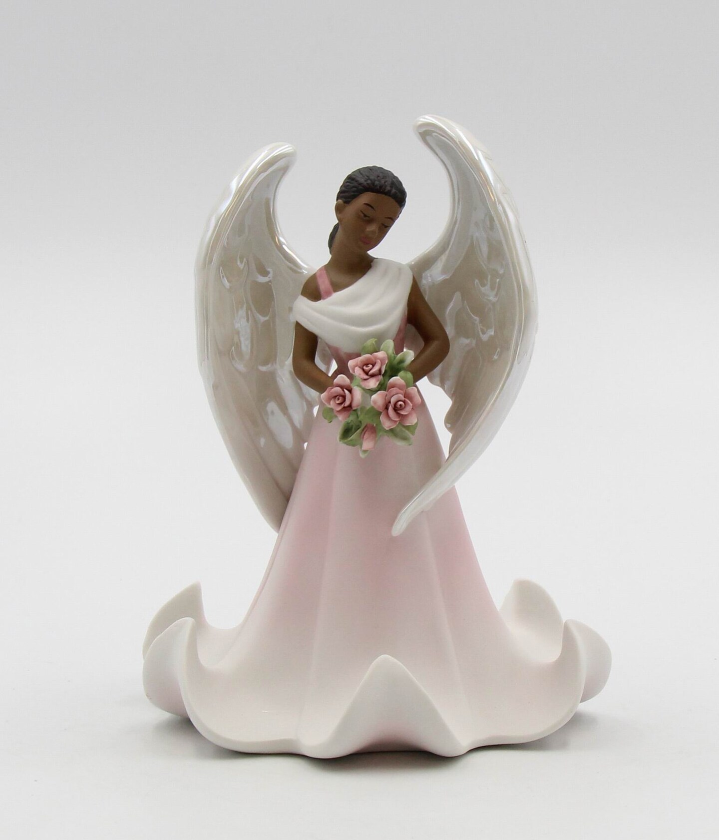 Ceramic African American Angel with Flowers Figurine, Home Décor, Religious Décor, Religious Gift, Church Décor, Baptism Gift