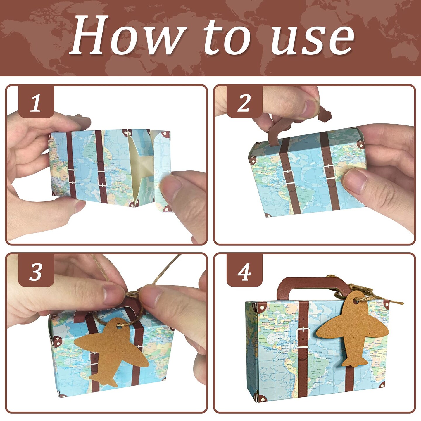 CHolic 50Pcs Party Favor Candy Box, World Map Mini Suitcase Favor Box, Vintage Kraft Paper with Tags and Burlap Twine for Travel Themed Party, Bridal Shower, Wedding Decorations