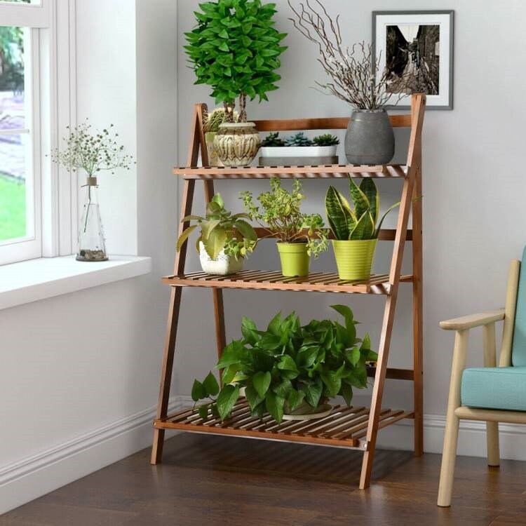 Brown Wicker 3-Tier Folding Plant Stand with High Wall and Triangular Base