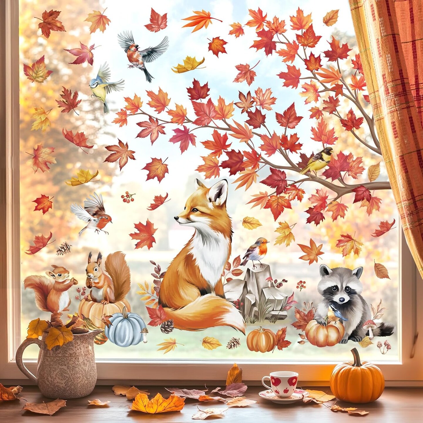 Fall Maple Leaves & Forest Animals Window Clings - 3D Tree Branch & Autumn Fox, Squirrel, Raccoon Decals - Double-Sided Anti-Collision Static Stickers for Glass Windows & Home Decor
