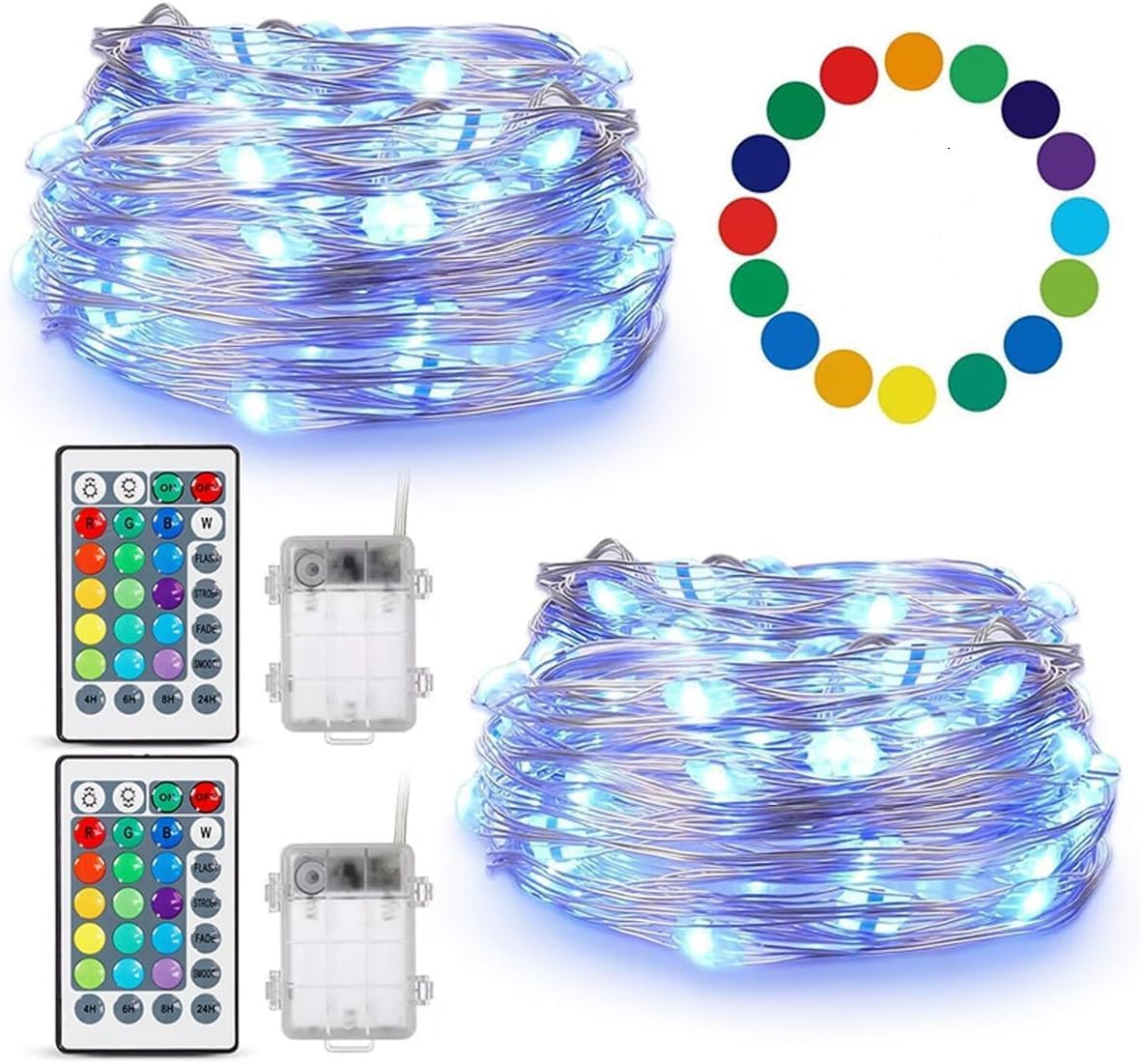 Fairy Lights Battery Operated Twinkle Lights, 50 LED, 16.4Ft Silvery Copper Wire, Remote Included – 2 Pack (Multicolor)