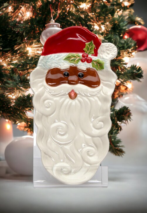 Ceramic African American Santa Dessert Tray, Home D&#xE9;cor, Gift for Her, Gift for Mom, Kitchen D&#xE9;cor, Christmas D&#xE9;cor