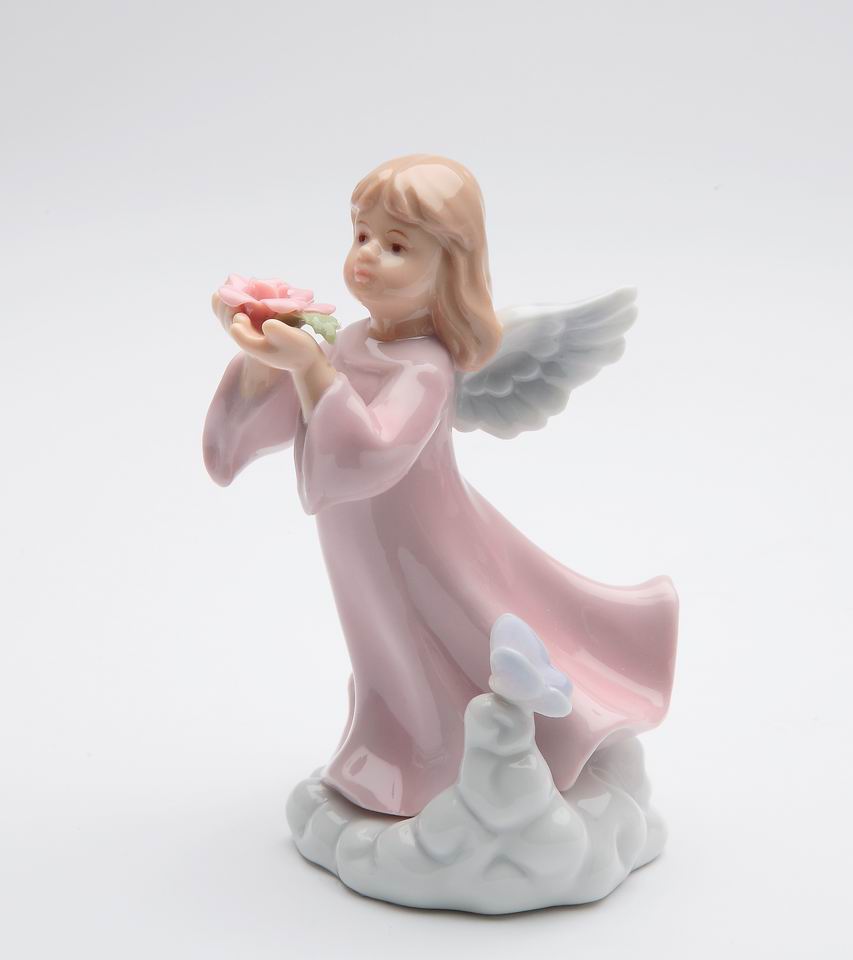 Ceramic Angel Girl with Rose Flower Figurine, Religious Décor, Religious Gift, Church Décor, Church Gift, Baptism Gift