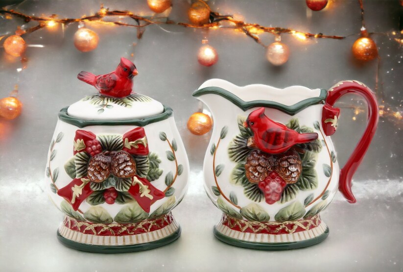Ceramic Sugar Bowl and Creamer with Cardinals and Pine Cones, Home D&#xE9;cor, Gift for Her, Gift for Mom, Kitchen D&#xE9;cor, Christmas D&#xE9;cor
