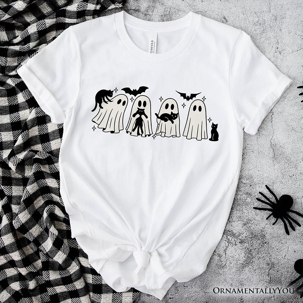 Ghosts and Cats Spooky T-Shirt, Whimsical Halloween Tee for Cozy Autumn Season