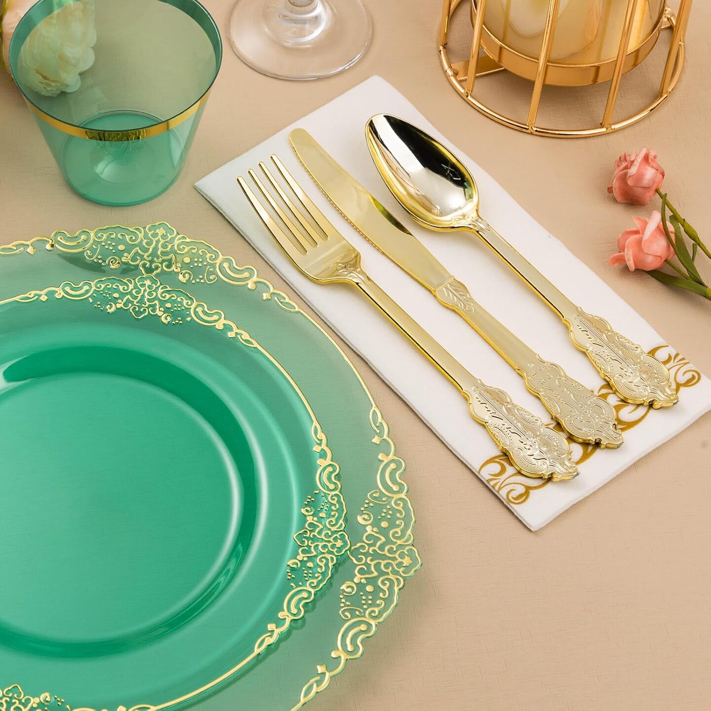350PCS Green & Gold Disposable Dinnerware Set – Plates, Cutlery, Cups & Napkins for 50 Guests