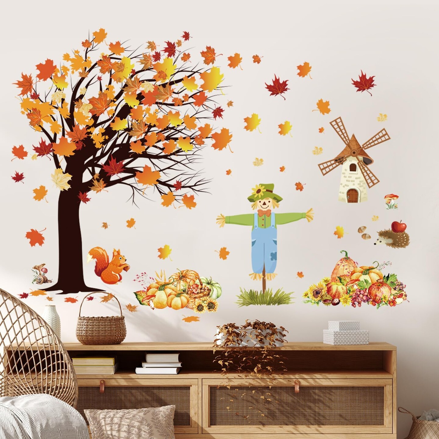 Fall Maple Leaves Wall Decals Autumn Pumpkin Scarecrow Wall Stickers