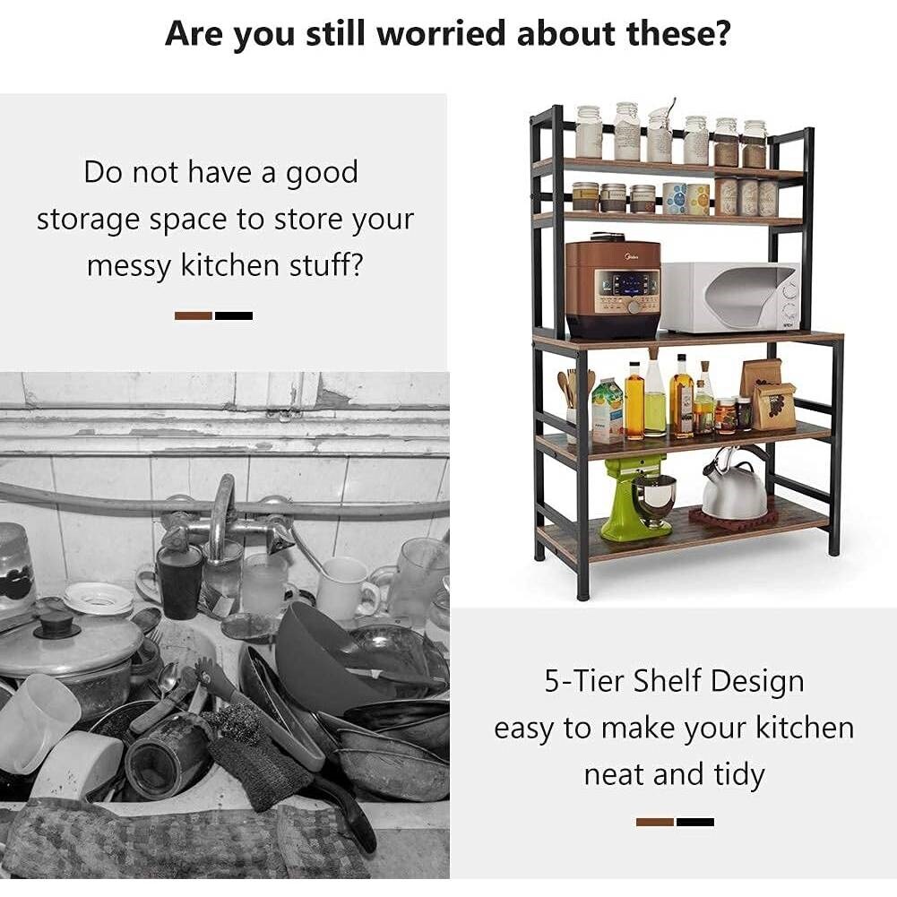Rustic Brown Wood and Metal Kitchen Baker’s Rack with 5 Shelves and Large Countertop