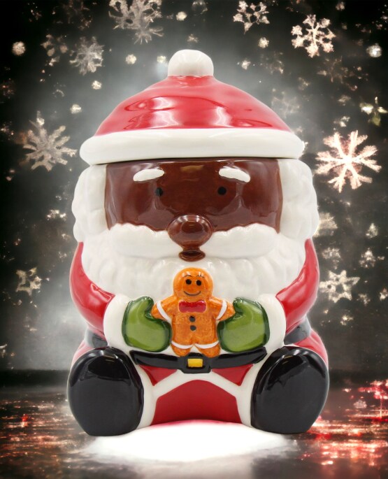 Ceramic African American Santa Claus Holding Gingerbread Candy Box, Home D&#xE9;cor, Gift for Her, Gift for Mom, Kitchen D&#xE9;cor, Christmas D&#xE9;cor