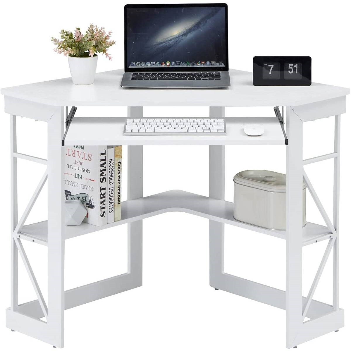 White Engineered Wood Corner Computer Desk with Shelves and Keyboard Tray