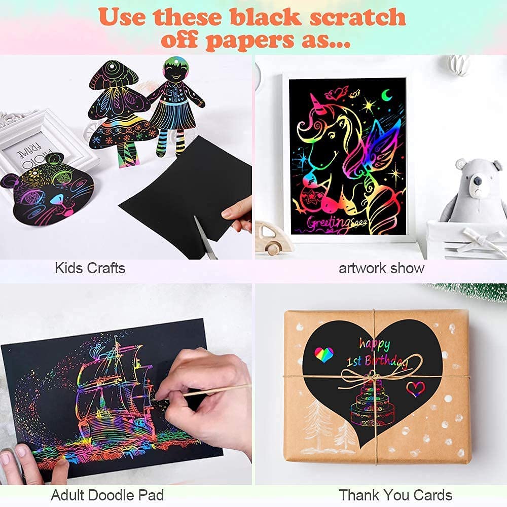 60 Pcs Rainbow Scratch Art Paper for Kids, Magic Scratch Paper Set Art and Craft Kit, Black Scratch Sheets for Party Game Activities Birthday Gifts Toys Girls Boys 3 4 5 6 7 8 9 10 Years Old
