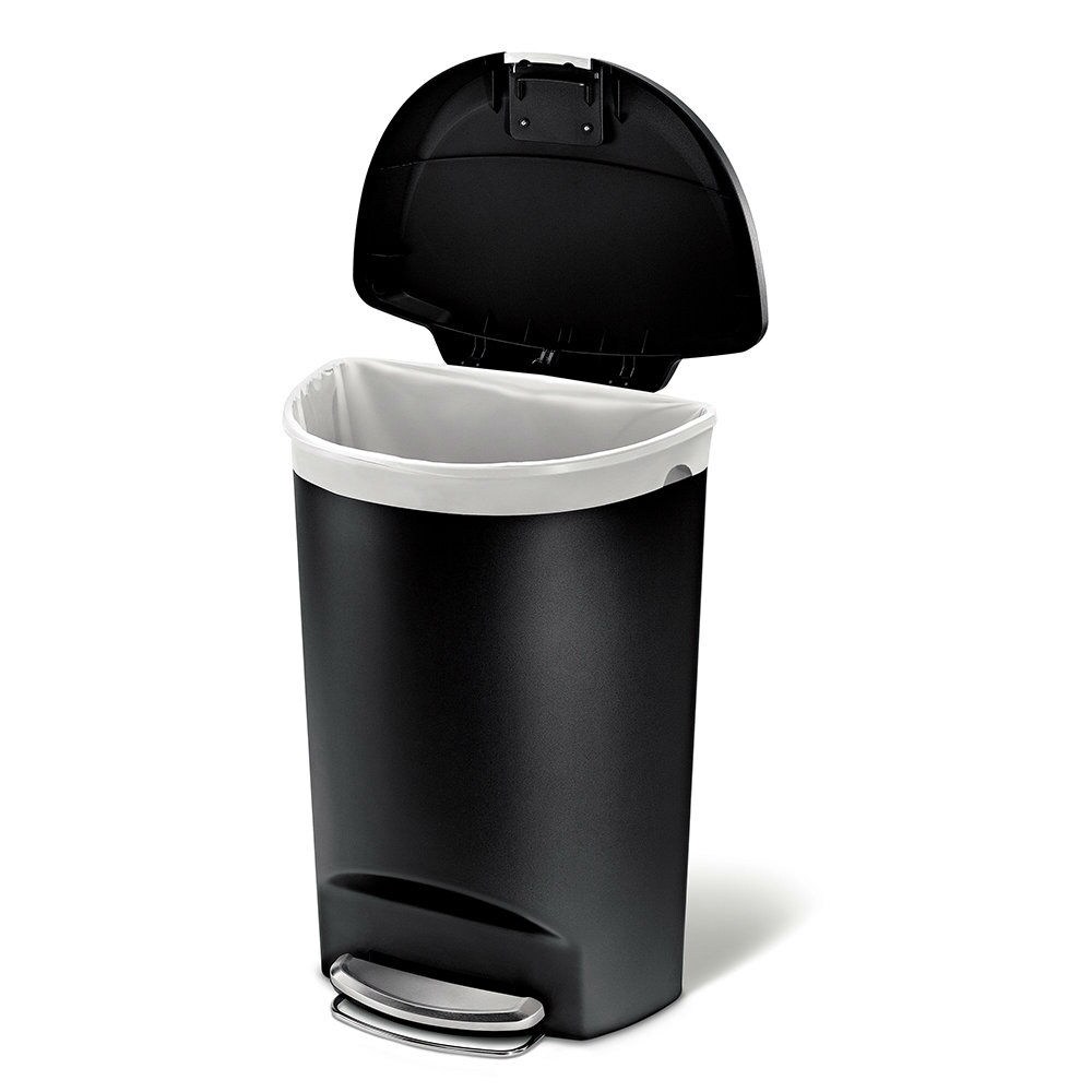 Black Plastic Semi-Round Trash Can with Foot Pedal and Slow Close Lid