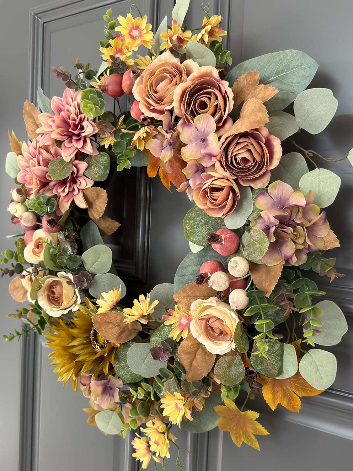 24" Fall Wreath for Front Door, Handmade with Faux Dahlia Camellia Sunflower