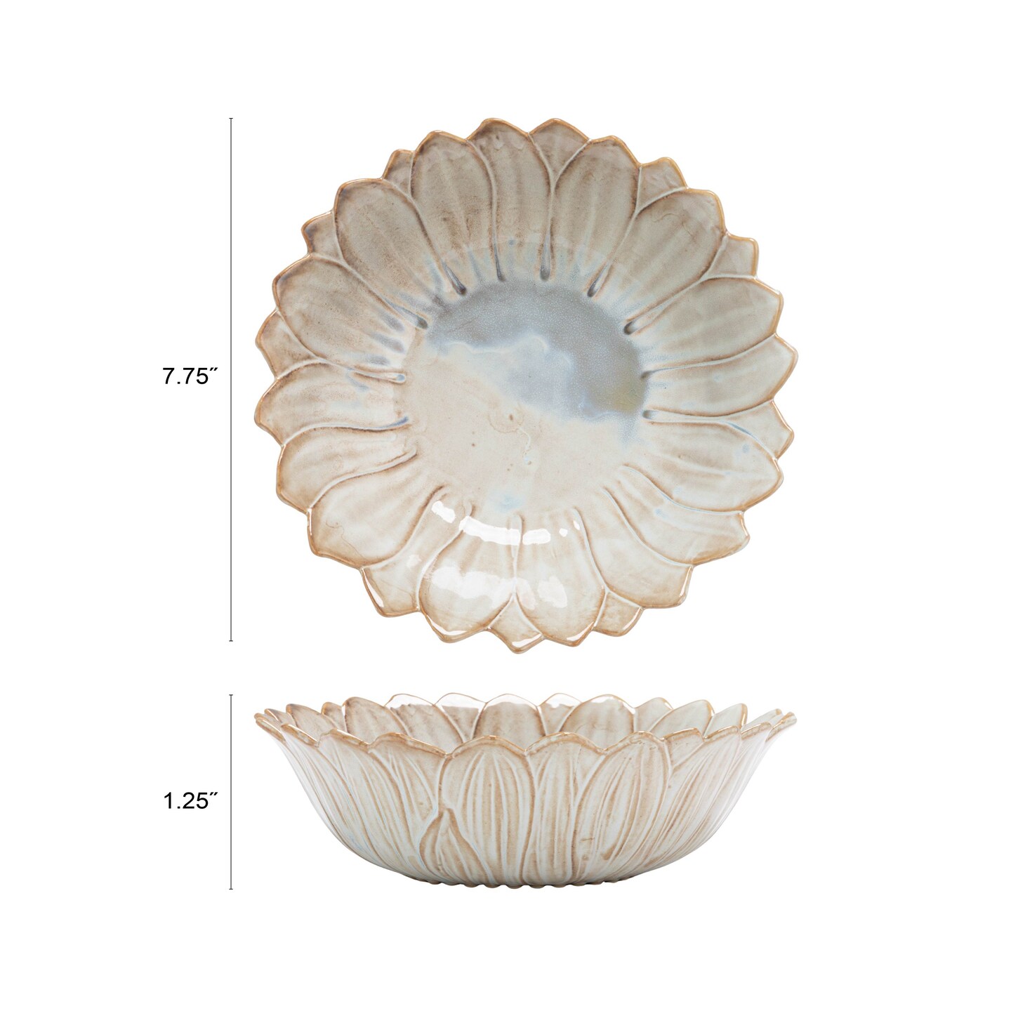 Hello Honey Flower Shaped Stoneware Bowl in Reactive Glaze, White and Blue